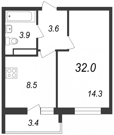 Однокомнатная квартира 32 м²
