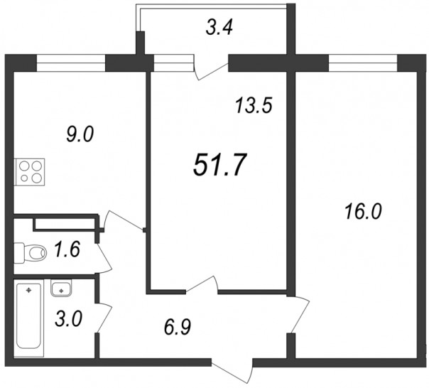 Двухкомнатная квартира 51.7 м²