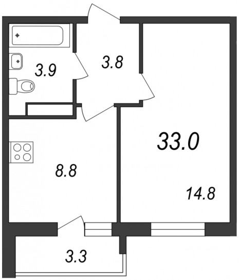 Однокомнатная квартира 33 м²