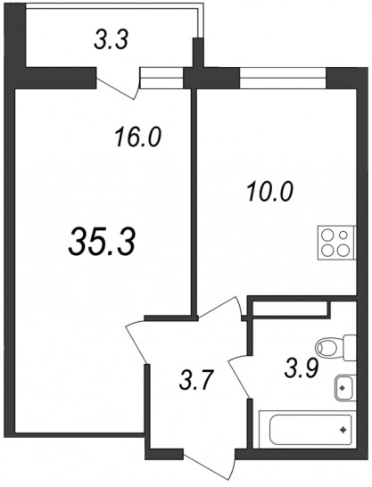 Однокомнатная квартира 35.3 м²