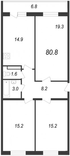 Трёхкомнатная квартира 80.8 м²