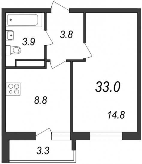 Однокомнатная квартира 33 м²