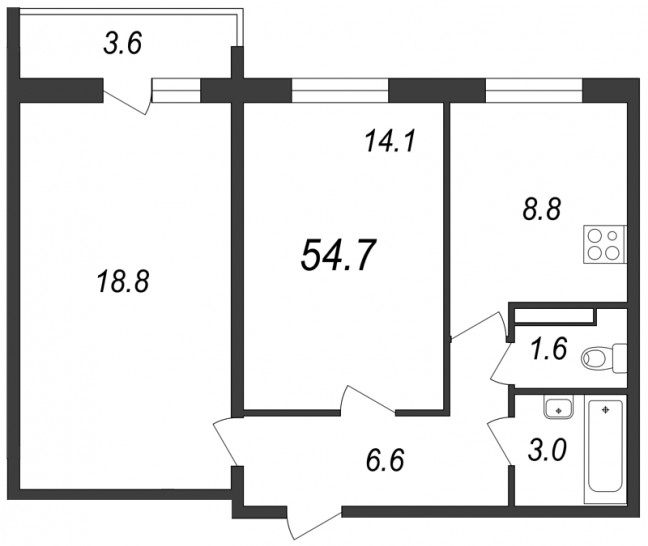 Двухкомнатная квартира 54.7 м²