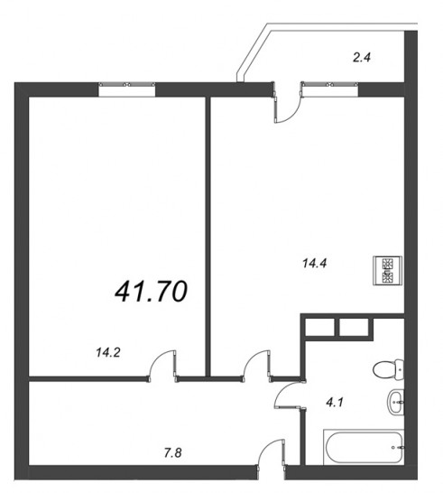 Однокомнатная квартира 41.7 м²
