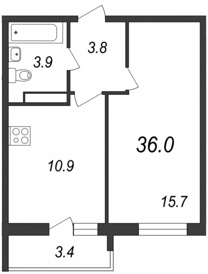 Однокомнатная квартира 36 м²