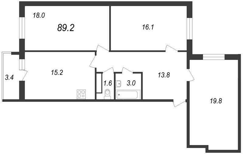 Трёхкомнатная квартира 89.1 м²