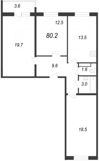 Трёхкомнатная квартира 80.2 м²