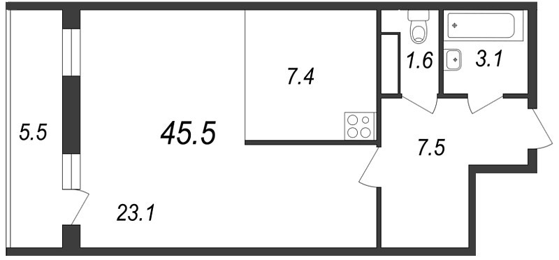 Однокомнатная квартира 45.5 м²