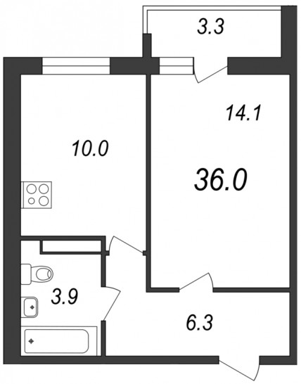 Однокомнатная квартира 36 м²