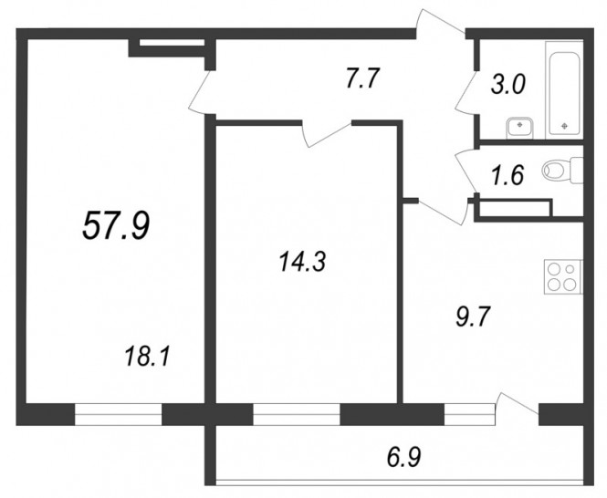 Двухкомнатная квартира 57.3 м²