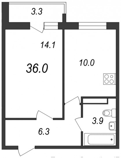 Однокомнатная квартира 36 м²