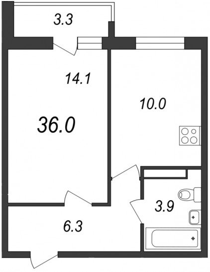 Однокомнатная квартира 36 м²