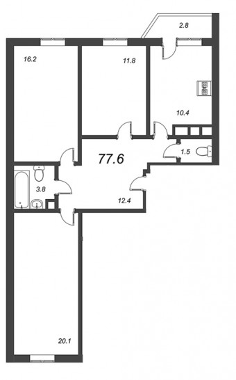 Трёхкомнатная квартира 77.5 м²