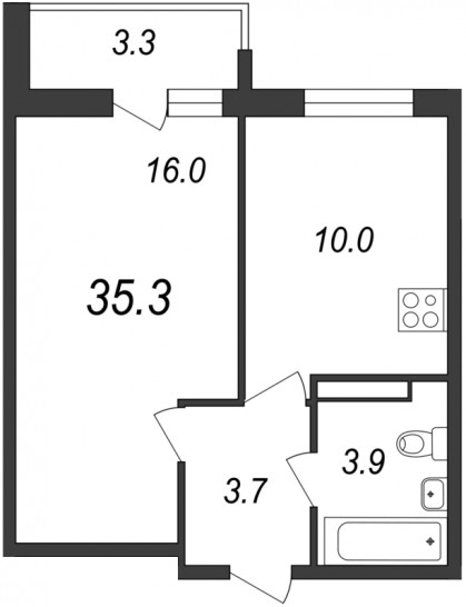 Однокомнатная квартира 35.3 м²