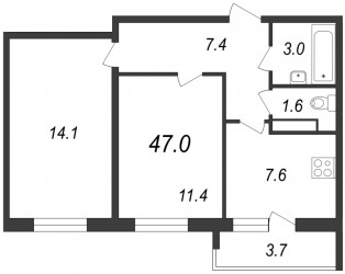 Двухкомнатная квартира 46.9 м²