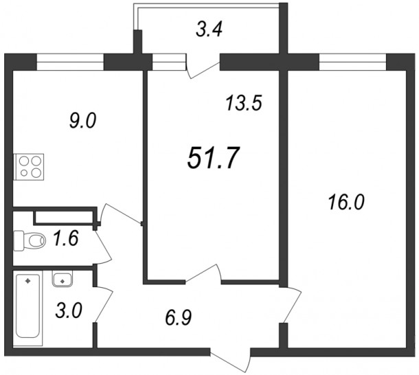 Двухкомнатная квартира 51.7 м²