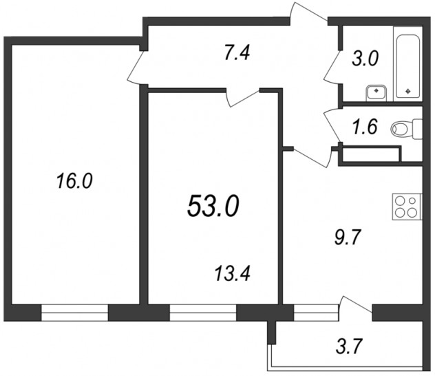 Двухкомнатная квартира 52.9 м²