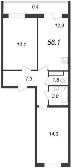 Двухкомнатная квартира 56.1 м²