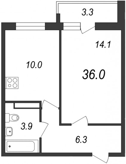Однокомнатная квартира 36 м²