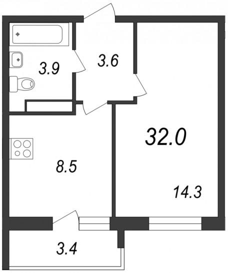 Однокомнатная квартира 32 м²