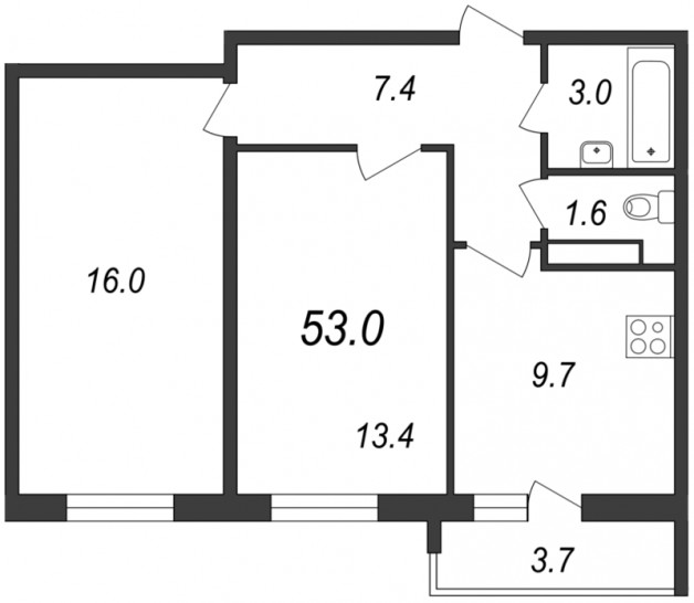 Двухкомнатная квартира 52.9 м²