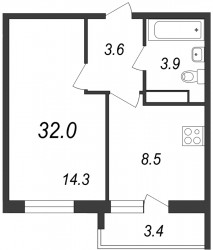 Однокомнатная квартира 32 м²