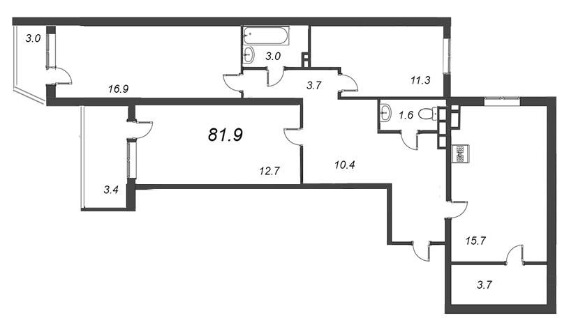 Трёхкомнатная квартира 81.9 м²