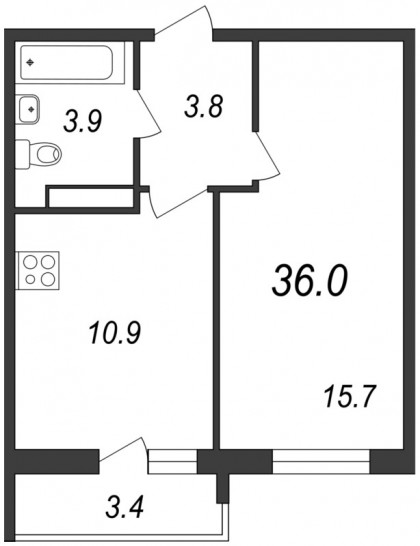 Однокомнатная квартира 36 м²