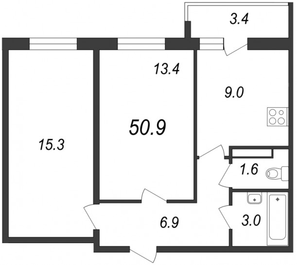 Двухкомнатная квартира 50.9 м²