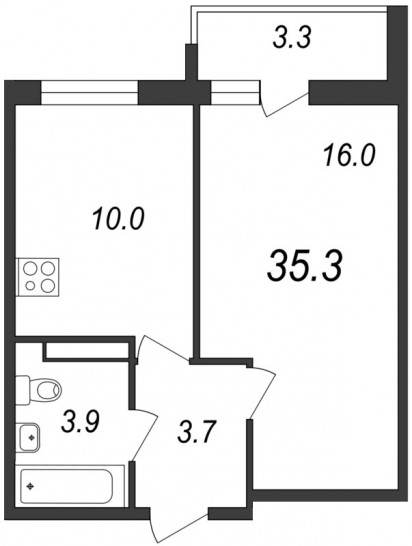 Однокомнатная квартира 35.3 м²