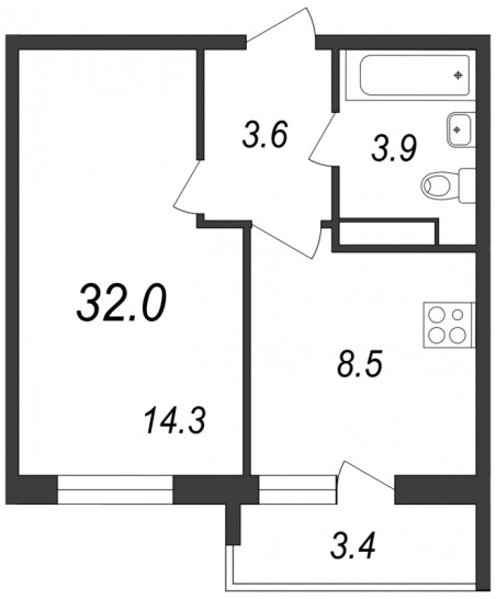 Однокомнатная квартира 32 м²