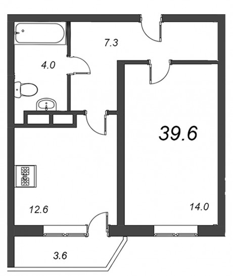 Однокомнатная квартира 39.6 м²
