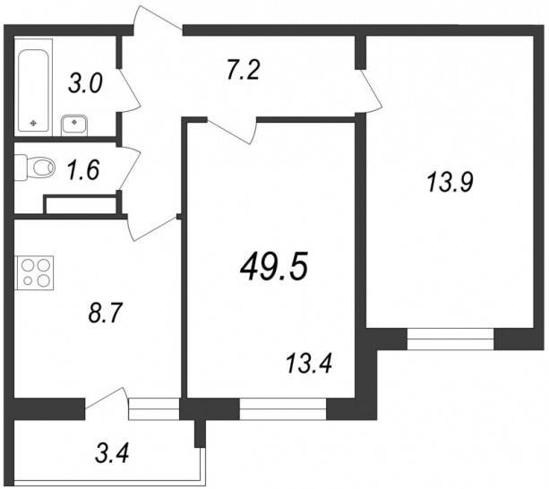 Двухкомнатная квартира 49.5 м²