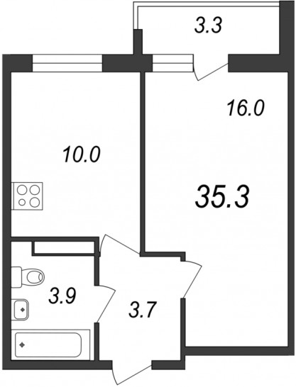 Однокомнатная квартира 35.3 м²